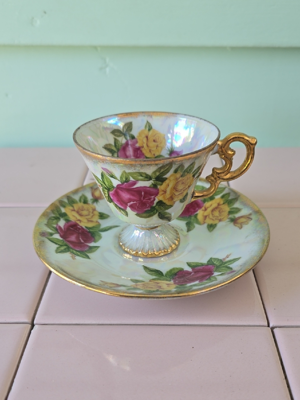 Vintage Floral Porcelain Teacup & Saucer in White with Pink and Yellow Roses #6